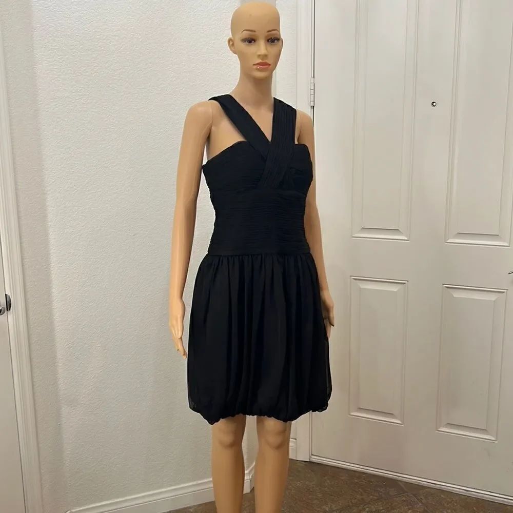 Adrianna Papel Black Mini Dress V Neck Short Sleeve Ruched Waist Gathered Hem